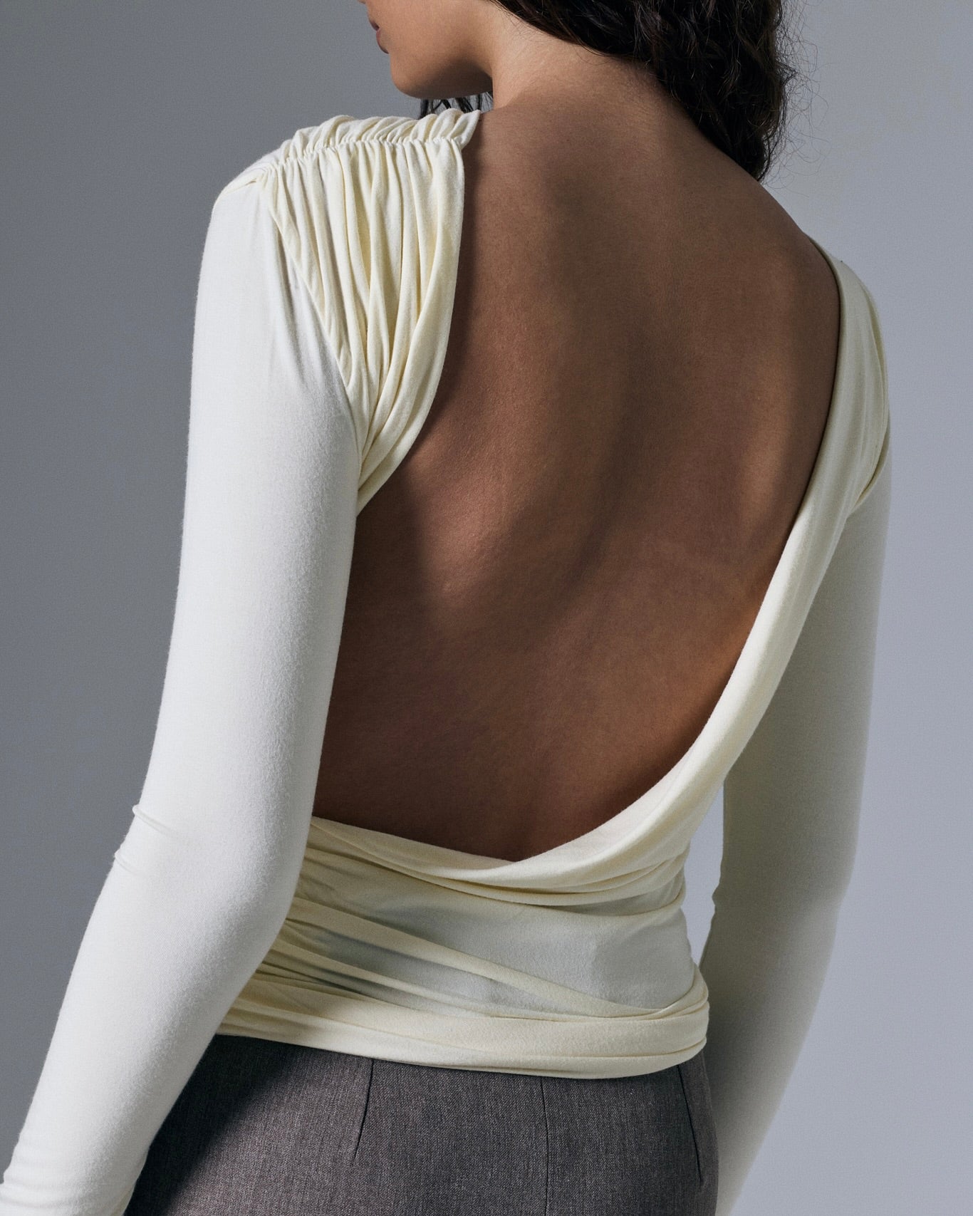 Women's Stretch Jersey Backless Long Sleeve Top in Butter White
