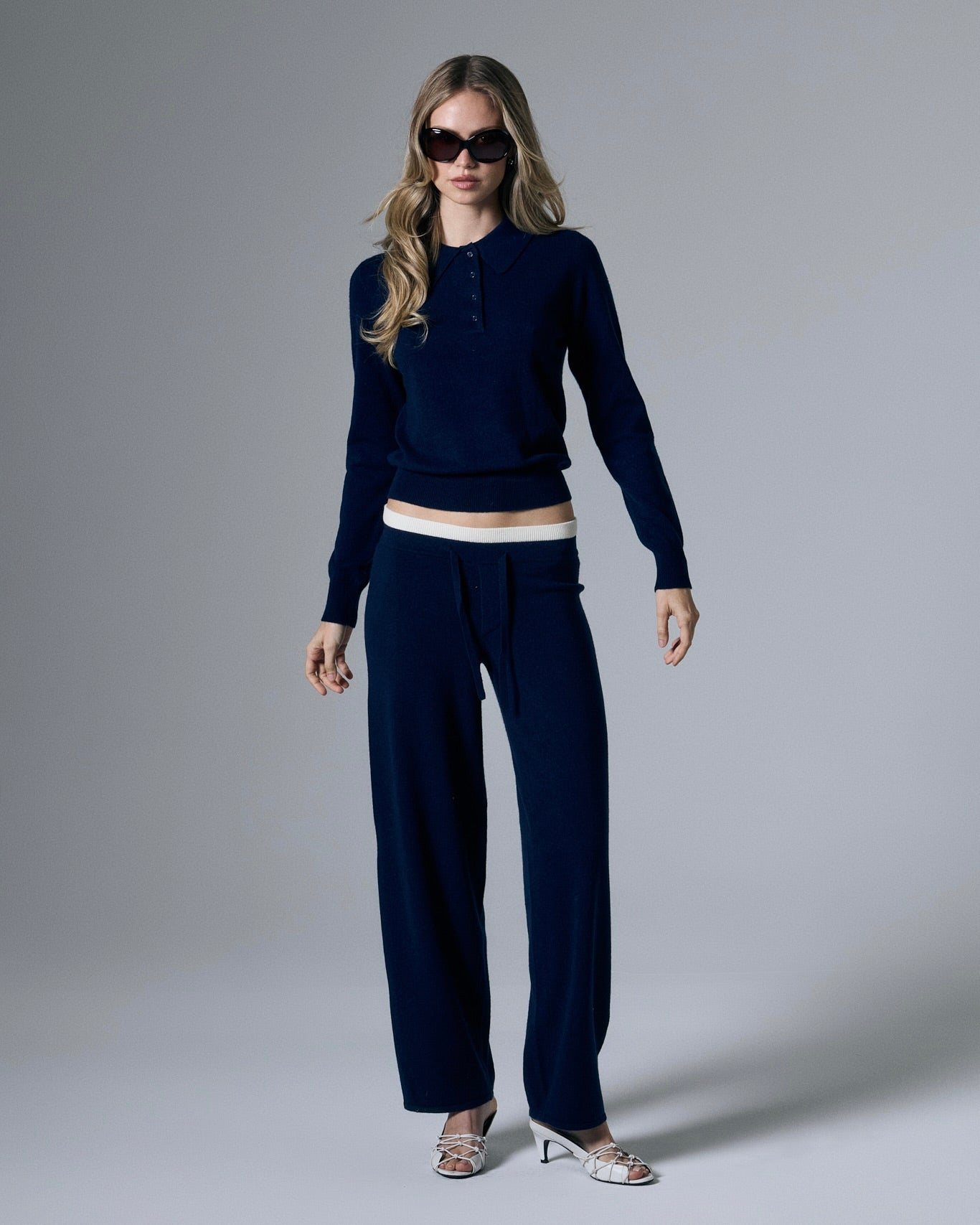 Women's Layered Cashmere Wool Blend Knit Lounge Pants in Navy Blue