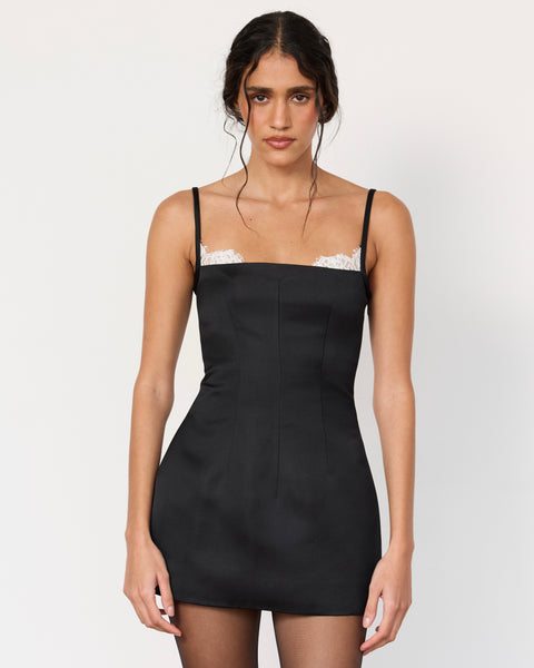 Women's Satin Lace-Trim Sleeveless Mini Dress in Black – Artless
